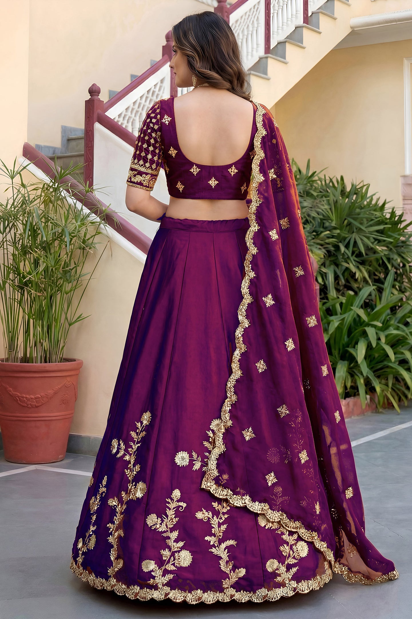 Wine Purple Rangoli Silk Wedding Lengha for Women with Zari and Sequins Work