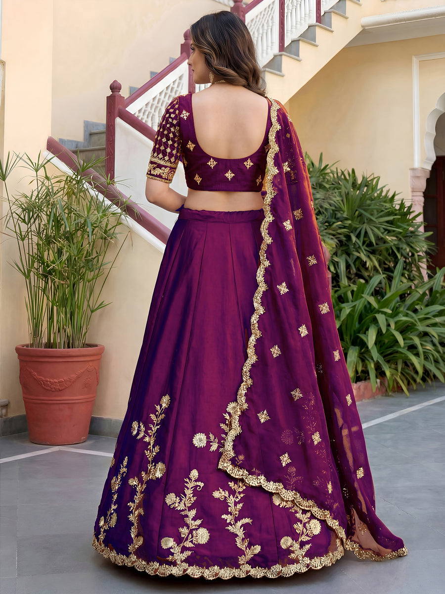 Wine Purple Rangoli Silk Wedding Lengha for Women with Zari and Sequins Work