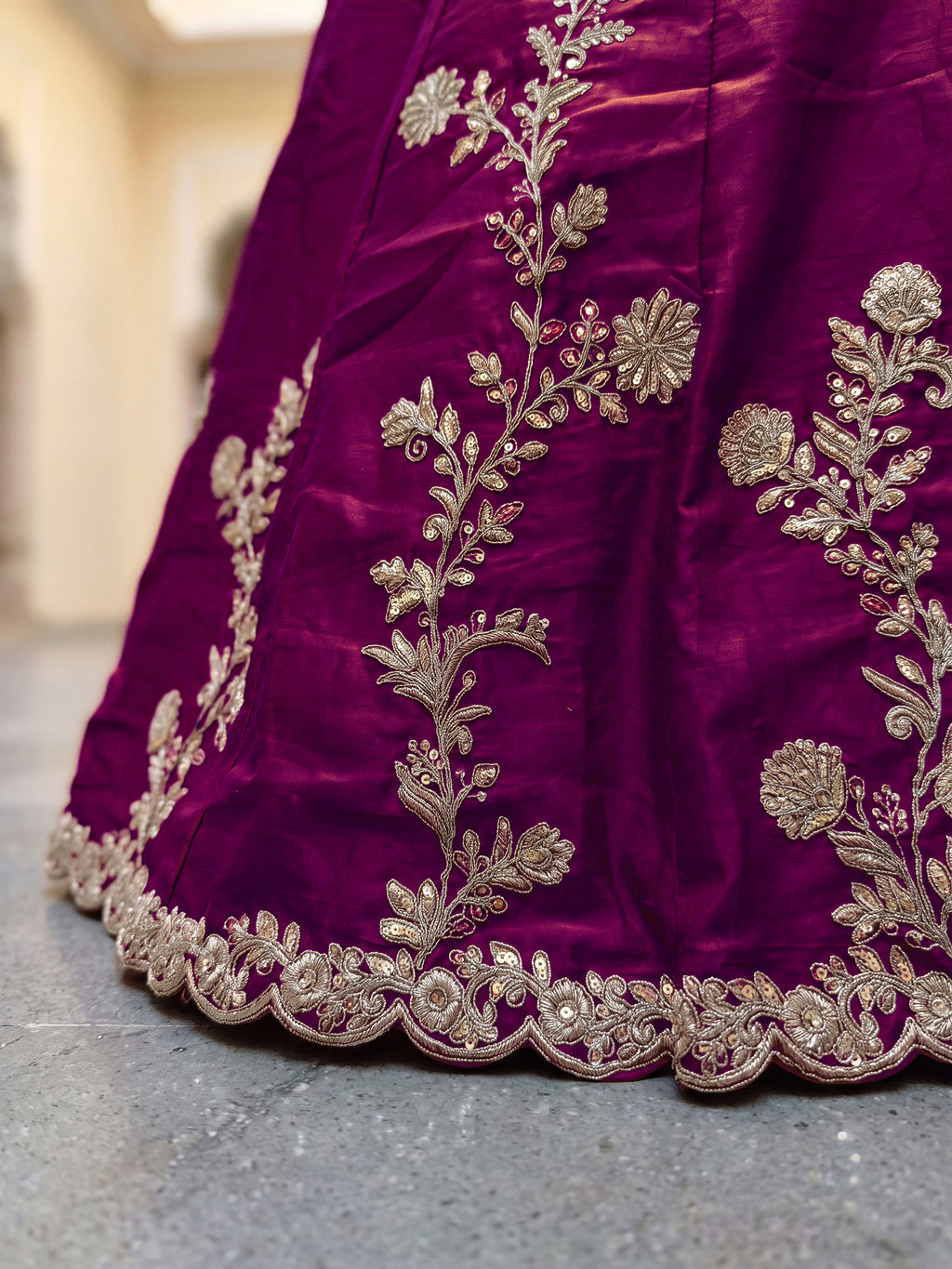 Wine Purple Rangoli Silk Wedding Lengha for Women with Zari and Sequins Work