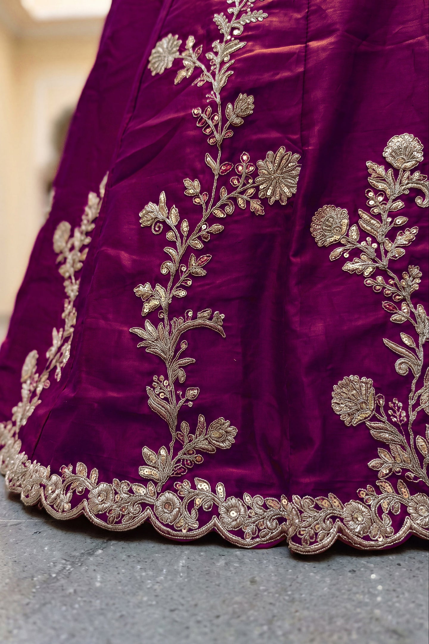 Wine Purple Rangoli Silk Wedding Lengha for Women with Zari and Sequins Work