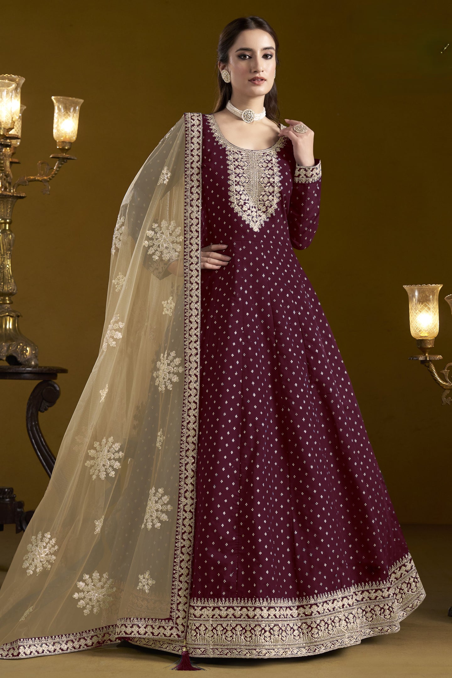 Wine Chanderi Silk Anarkali Dress for Reception with Sequins and Dori Work