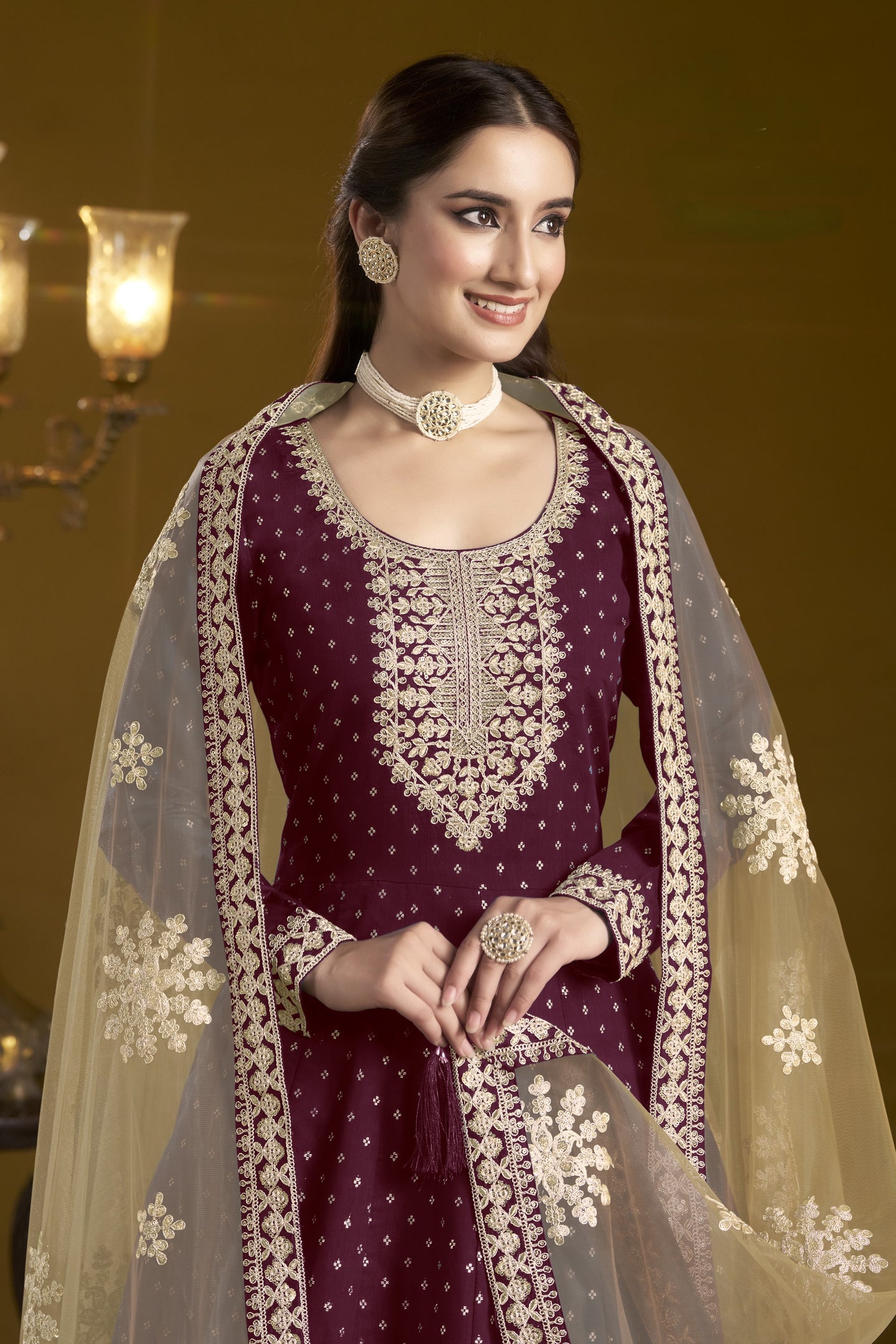 Wine Chanderi Silk Anarkali Dress for Reception with Sequins and Dori Work