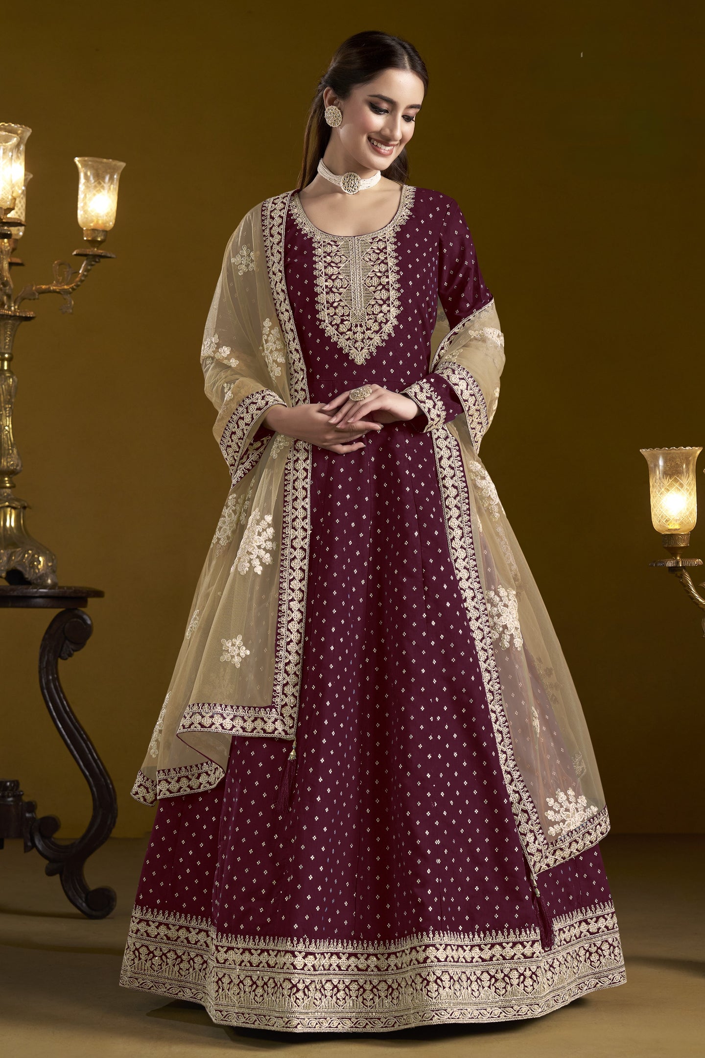 Wine Chanderi Silk Anarkali Dress for Reception with Sequins and Dori Work