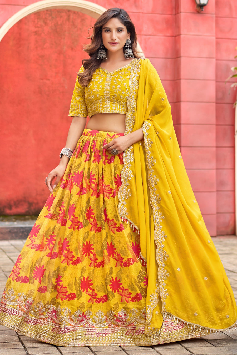 Yellow Art Silk Floral Lehenga Choli For Indian & Pakistani Wedding Festival - Embroidery Work, Print Work