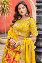 Yellow Art Silk Floral Lehenga Choli For Indian & Pakistani Wedding Festival - Embroidery Work, Print Work