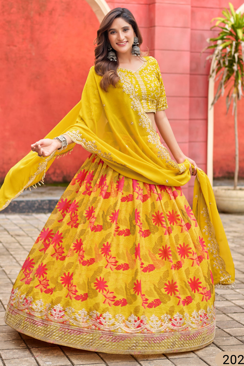 Yellow Art Silk Floral Lehenga Choli For Indian & Pakistani Wedding Festival - Embroidery Work, Print Work