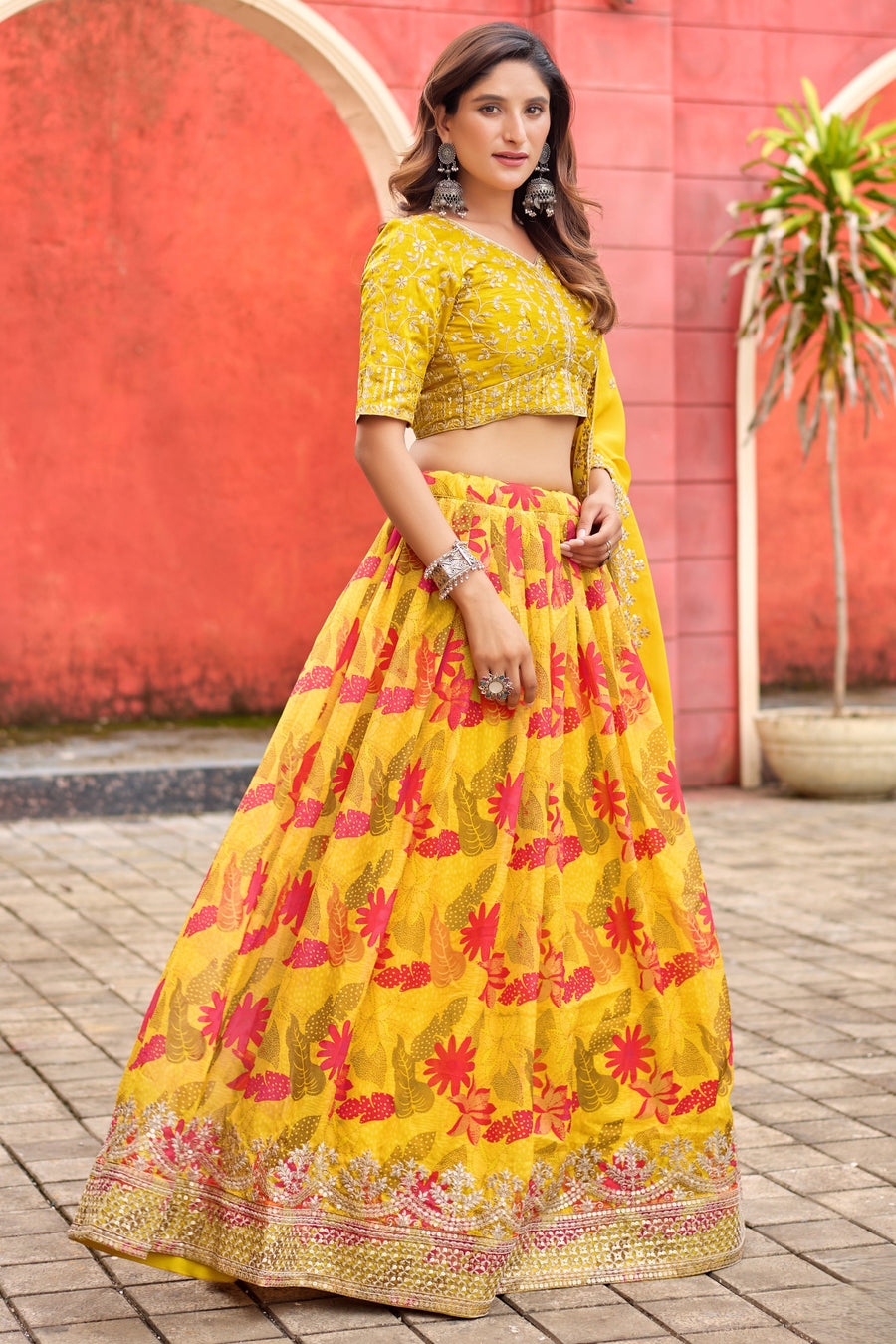 Yellow Art Silk Floral Lehenga Choli For Indian & Pakistani Wedding Festival - Embroidery Work, Print Work