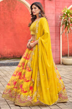 Yellow Art Silk Floral Lehenga Choli For Indian & Pakistani Wedding Festival - Embroidery Work, Print Work