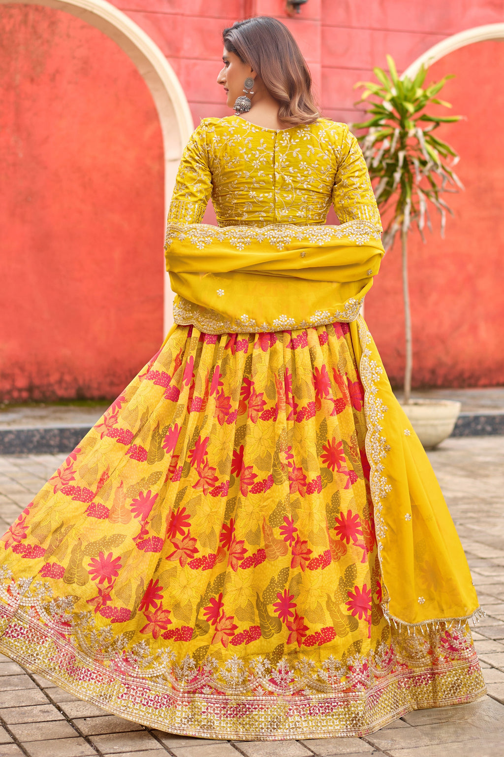 Yellow Art Silk Floral Lehenga Choli For Indian & Pakistani Wedding Festival - Embroidery Work, Print Work