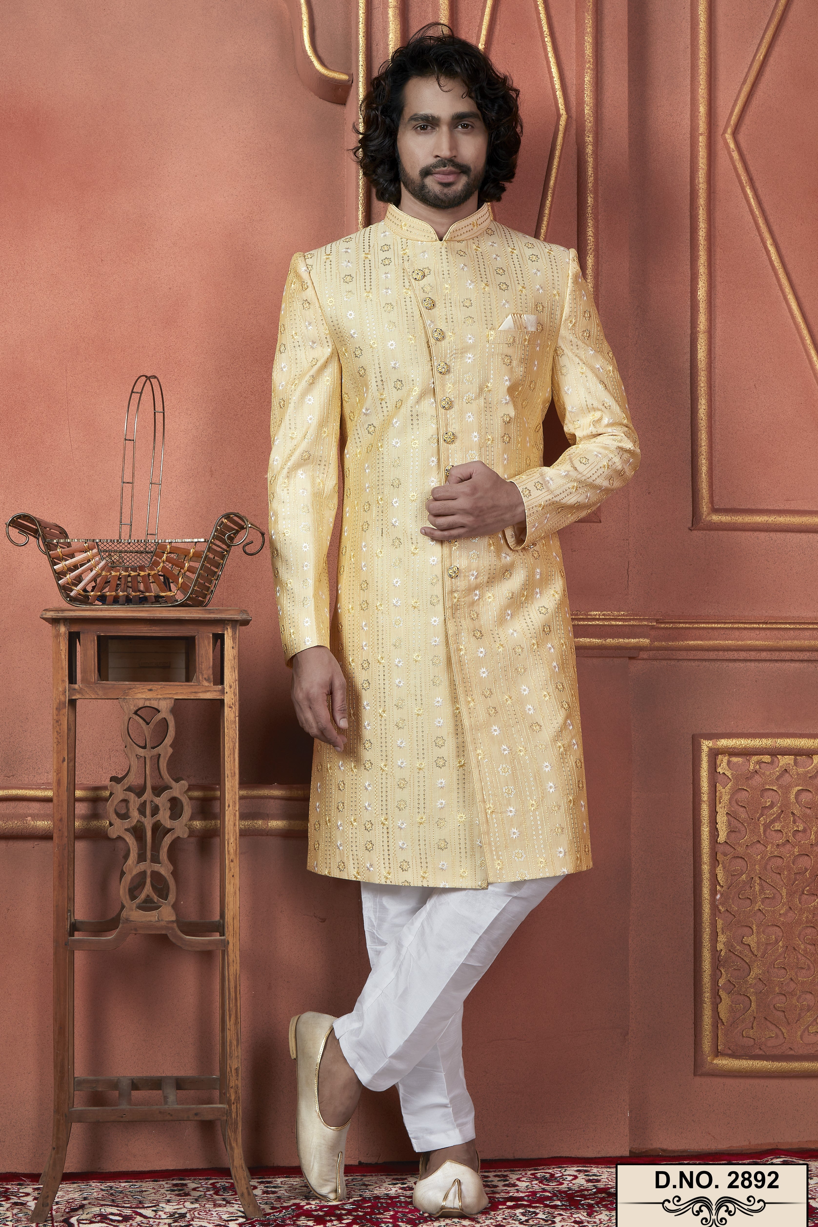 Yellow Art Silk Traditional Indo Western Sherwani Kurta with Jacket & Pant for Men - Thread Embroidery Work