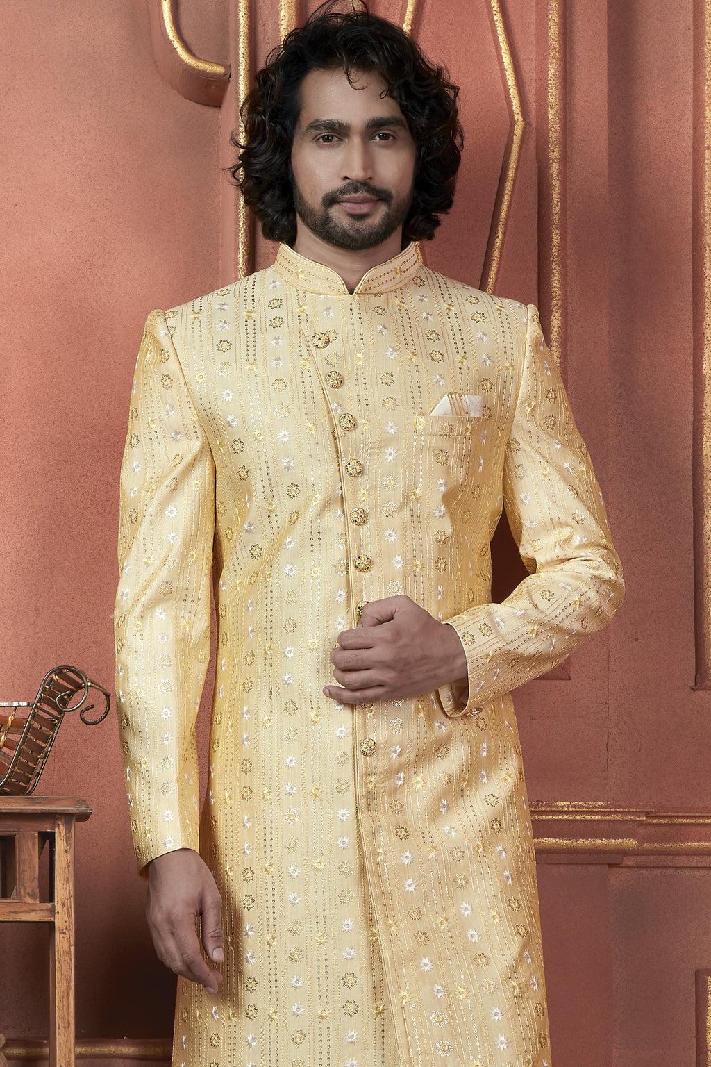 Yellow Art Silk Traditional Indo Western Sherwani Kurta with Jacket & Pant for Men - Thread Embroidery Work