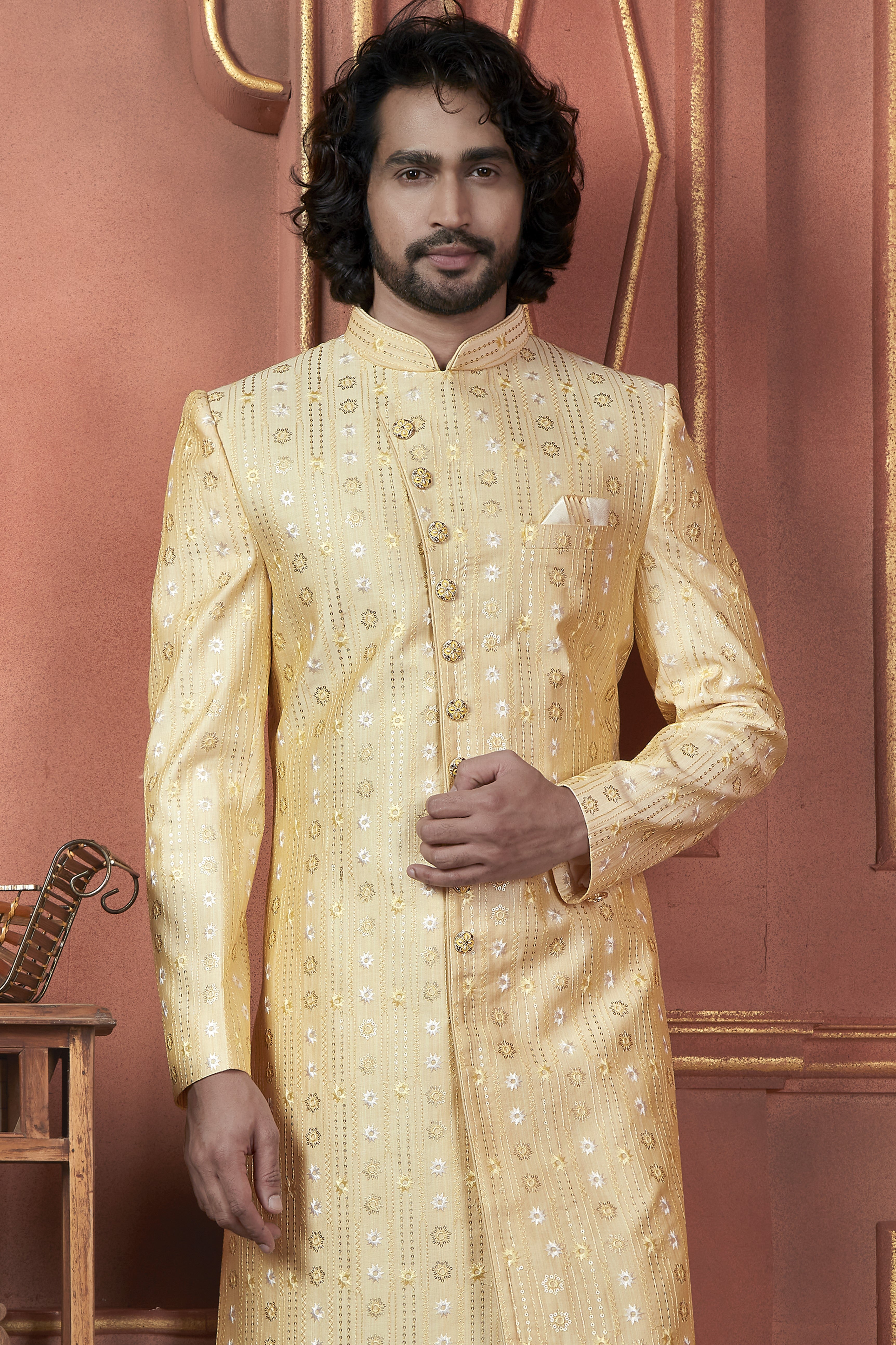 Yellow Art Silk Traditional Indo Western Sherwani Kurta with Jacket & Pant for Men - Thread Embroidery Work