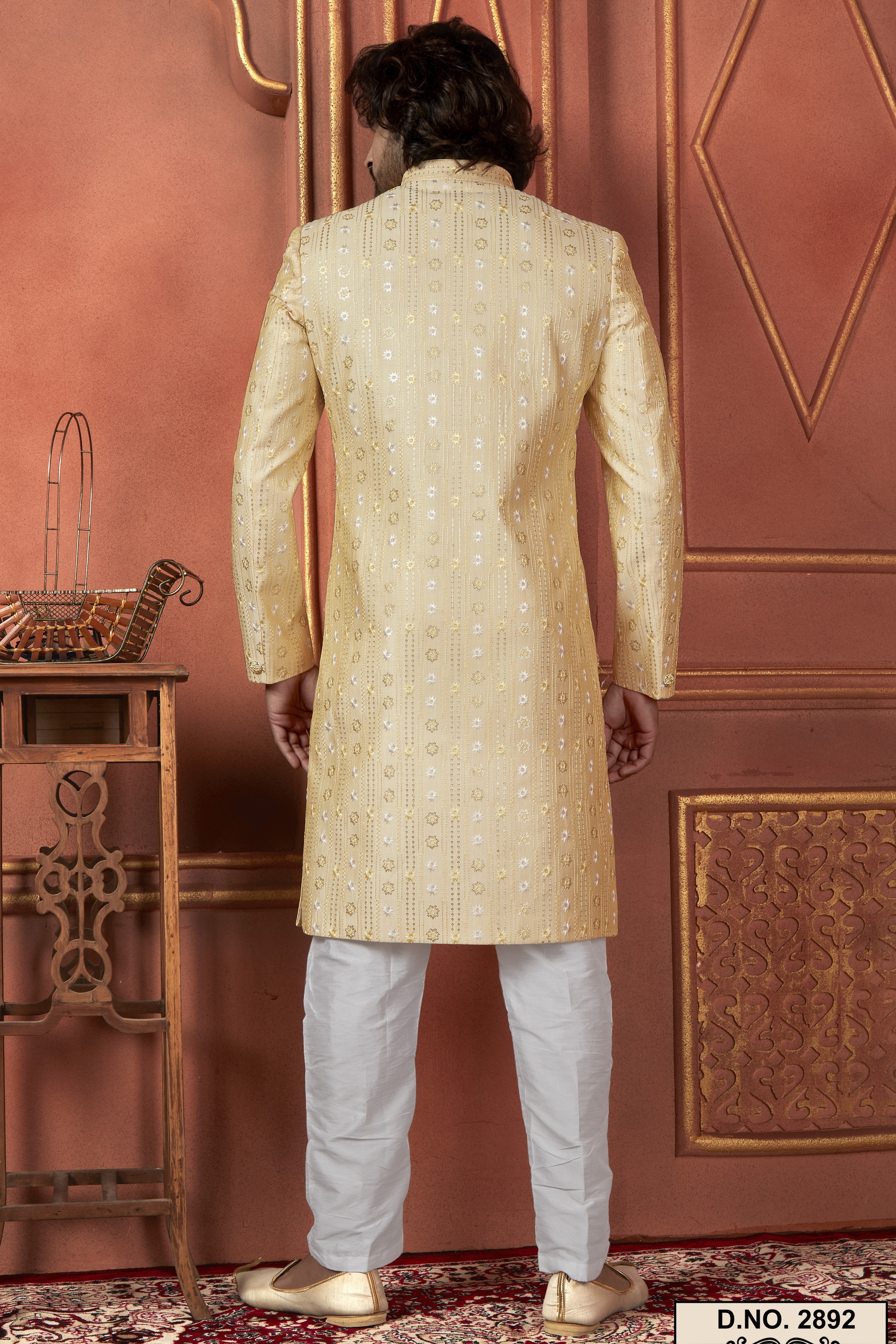 Yellow Art Silk Traditional Indo Western Sherwani Kurta with Jacket & Pant for Men - Thread Embroidery Work
