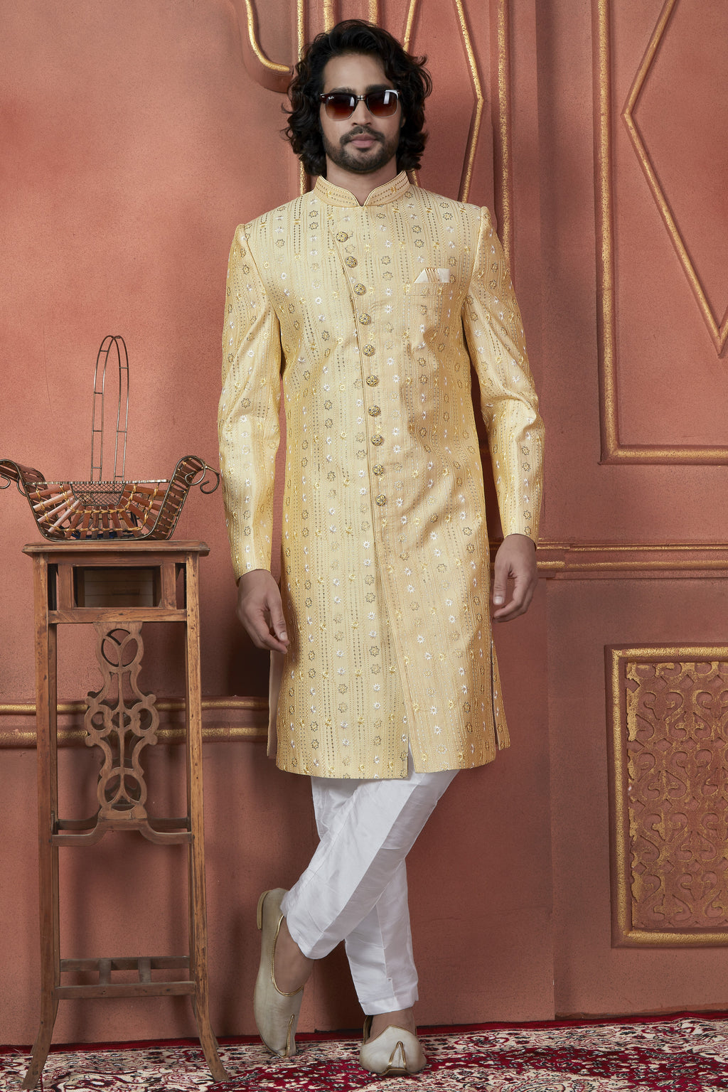 Yellow Art Silk Traditional Indo Western Sherwani Kurta with Jacket & Pant for Men - Thread Embroidery Work
