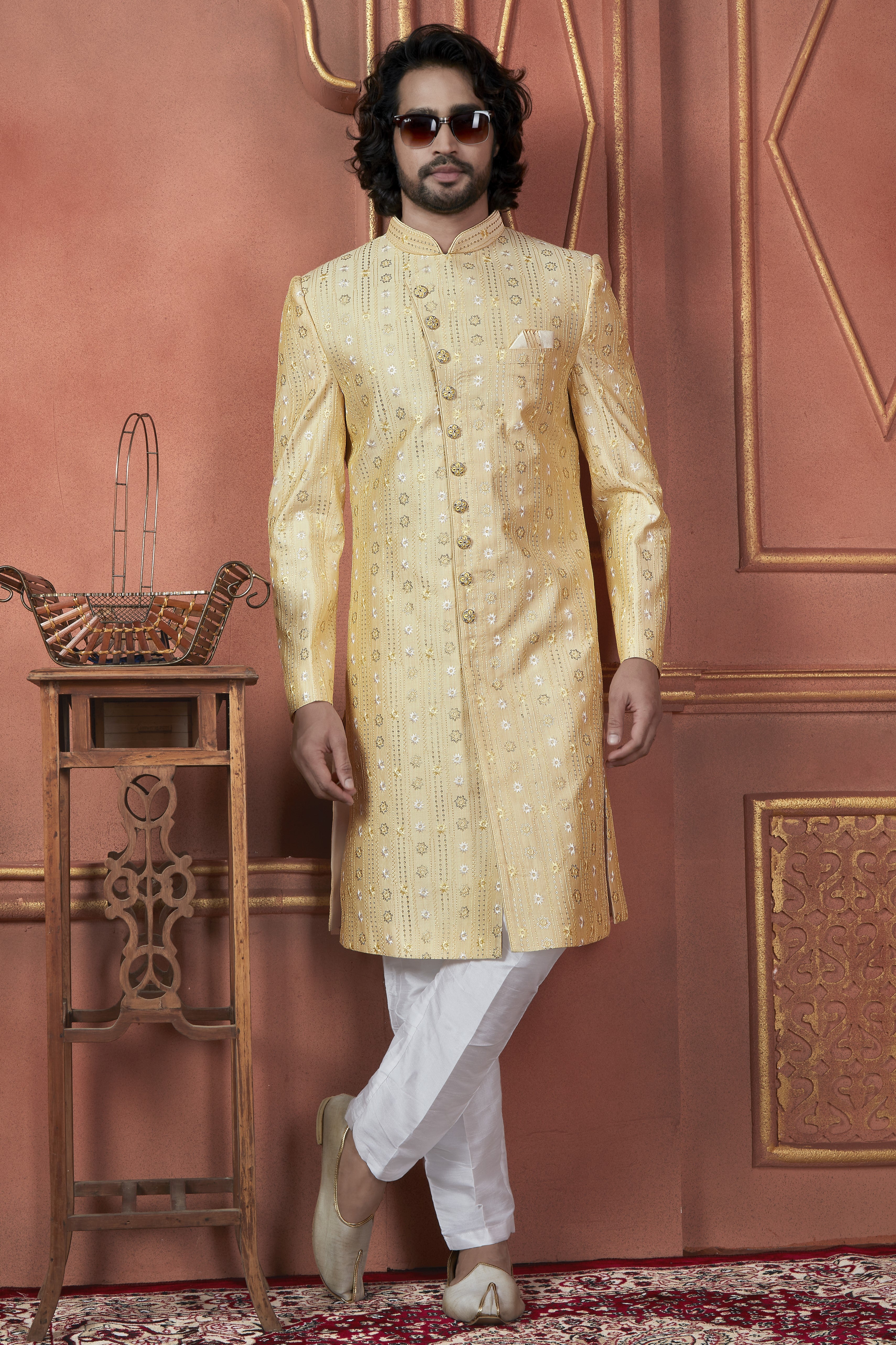 Yellow Art Silk Traditional Indo Western Sherwani Kurta with Jacket & Pant for Men - Thread Embroidery Work