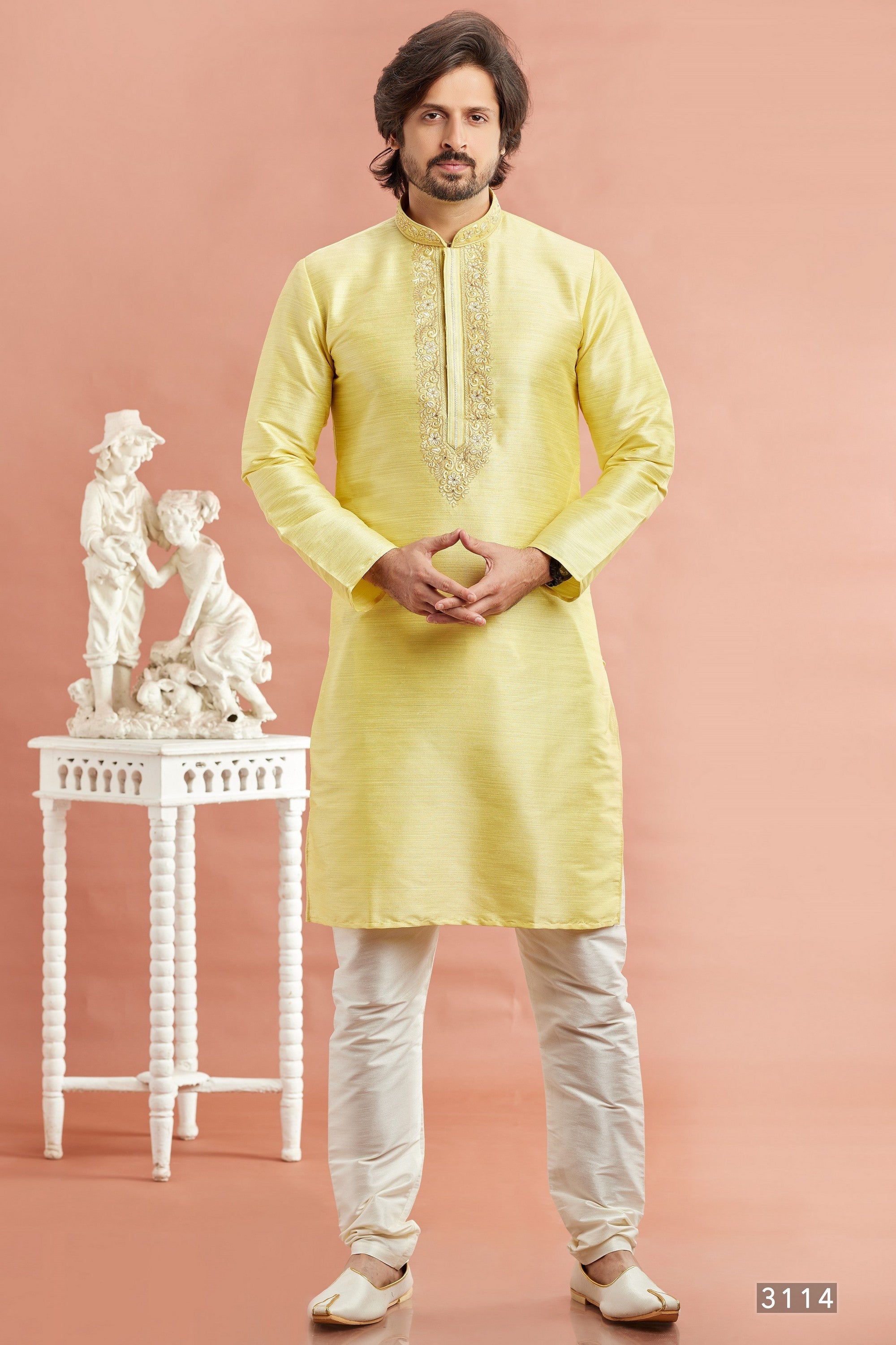 Yellow Banarasi Art Silk Plain Kurta Pajama for Men for Festival & Wedding - Embroidery Work