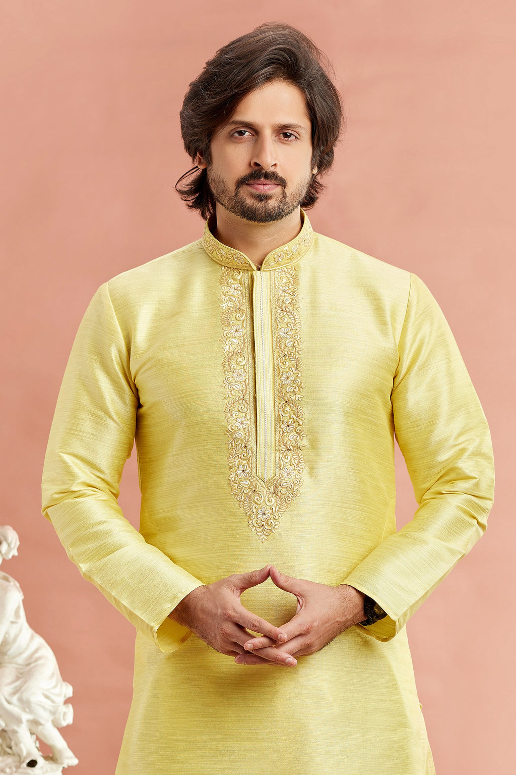 Yellow Banarasi Art Silk Plain Kurta Pajama for Men for Festival & Wedding - Embroidery Work
