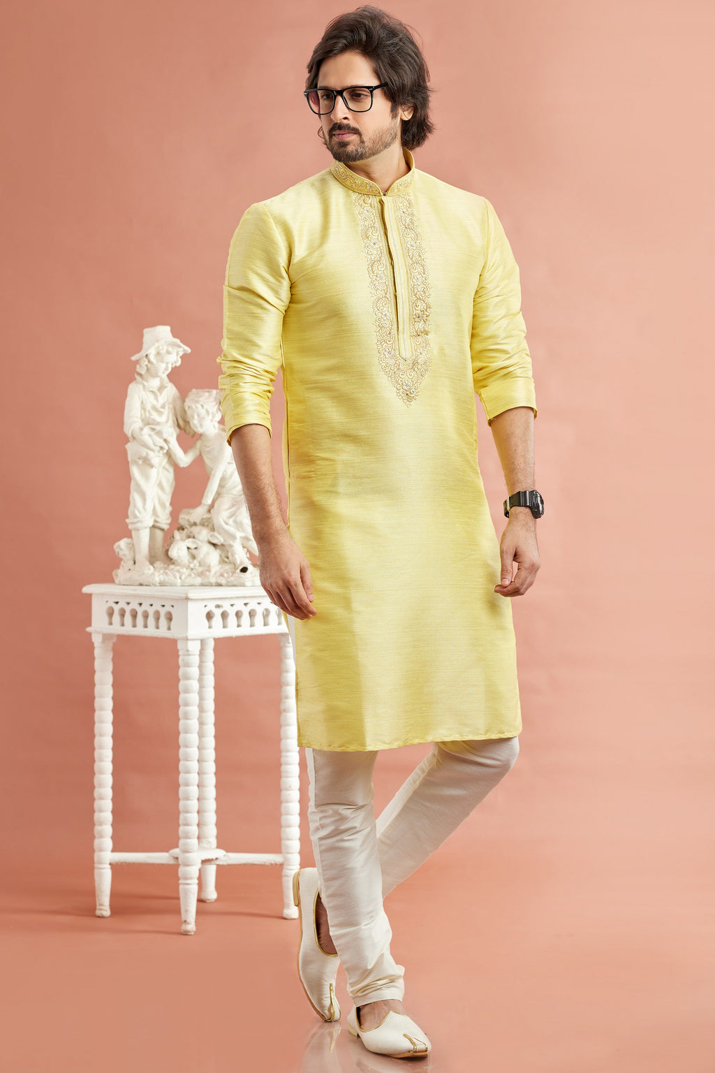 Yellow Banarasi Art Silk Plain Kurta Pajama for Men for Festival & Wedding - Embroidery Work