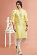 Yellow Banarasi Art Silk Plain Kurta Pajama for Men for Festival & Wedding - Embroidery Work