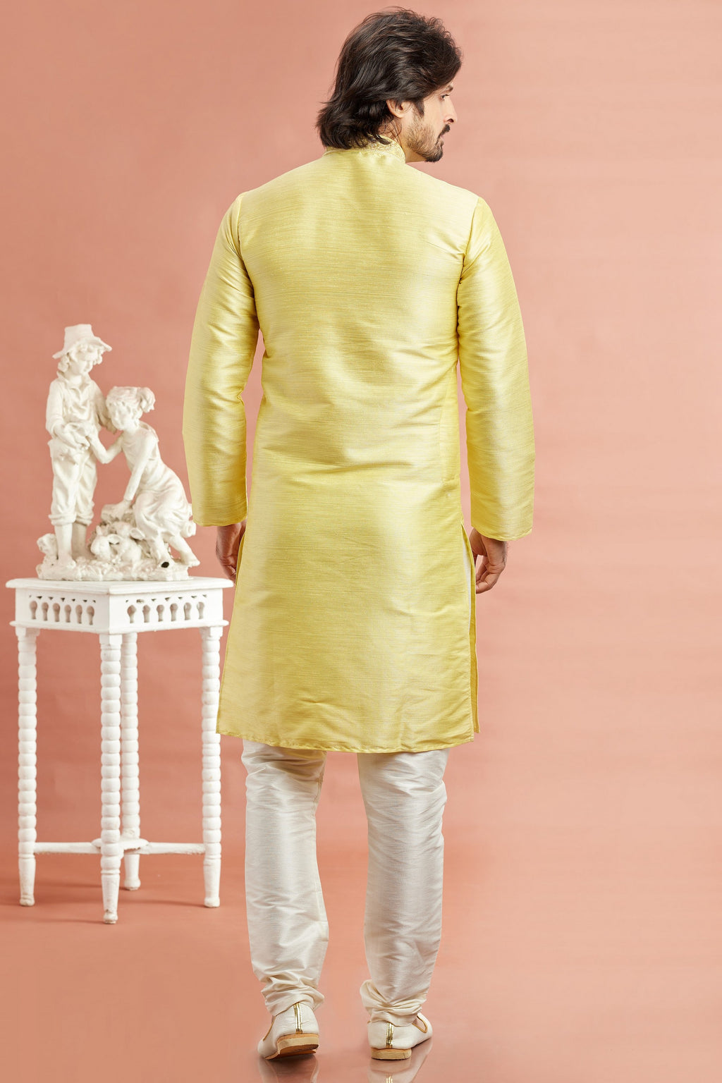 Yellow Banarasi Art Silk Plain Kurta Pajama for Men for Festival & Wedding - Embroidery Work