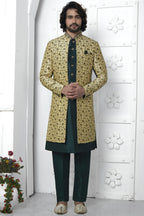 Yellow Beige Jacquard Silk Indo Western Suit Long Kurta with Jacket & Pant for Men for Wedding - Jacquard Work