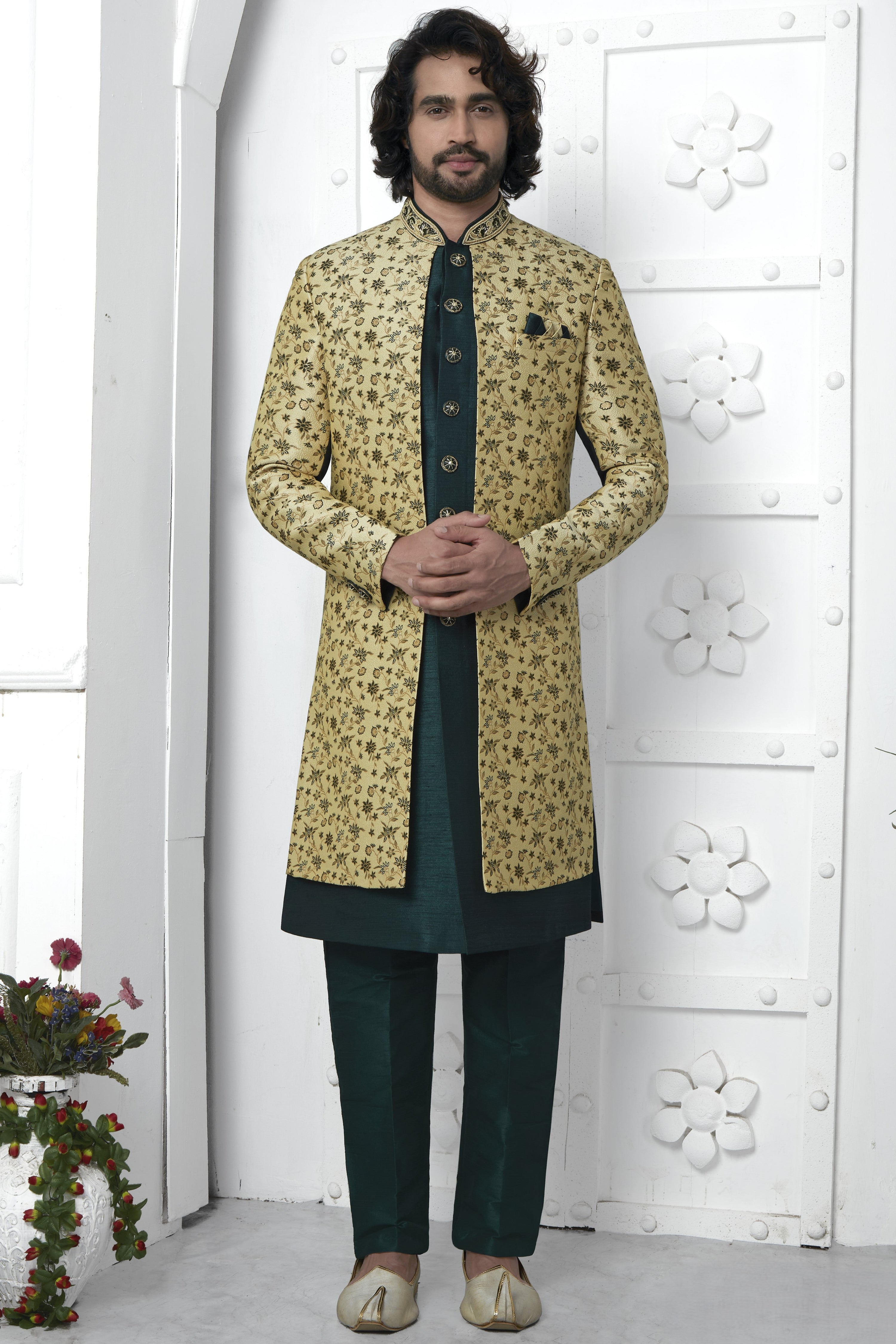 Yellow Beige Jacquard Silk Indo Western Suit Long Kurta with Jacket & Pant for Men for Wedding - Jacquard Work