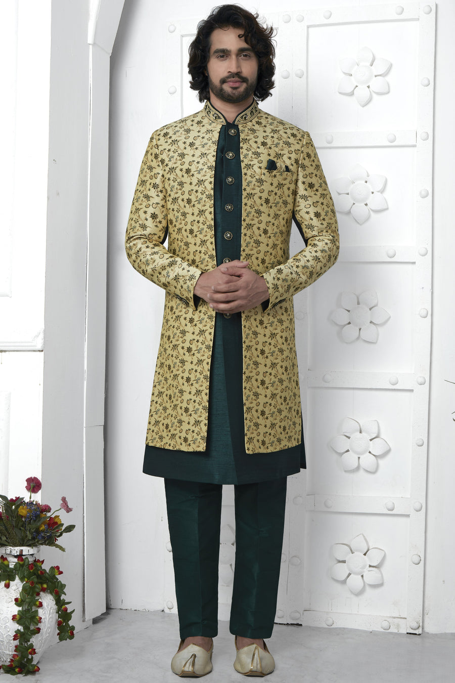 Yellow Beige Jacquard Silk Indo Western Suit Long Kurta with Jacket & Pant for Men for Wedding - Jacquard Work