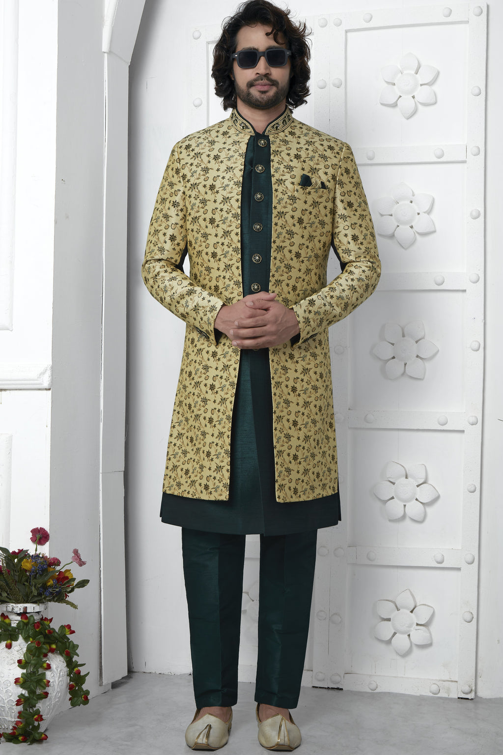 Yellow Beige Jacquard Silk Indo Western Suit Long Kurta with Jacket & Pant for Men for Wedding - Jacquard Work