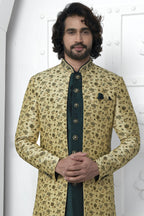 Yellow Beige Jacquard Silk Indo Western Suit Long Kurta with Jacket & Pant for Men for Wedding - Jacquard Work