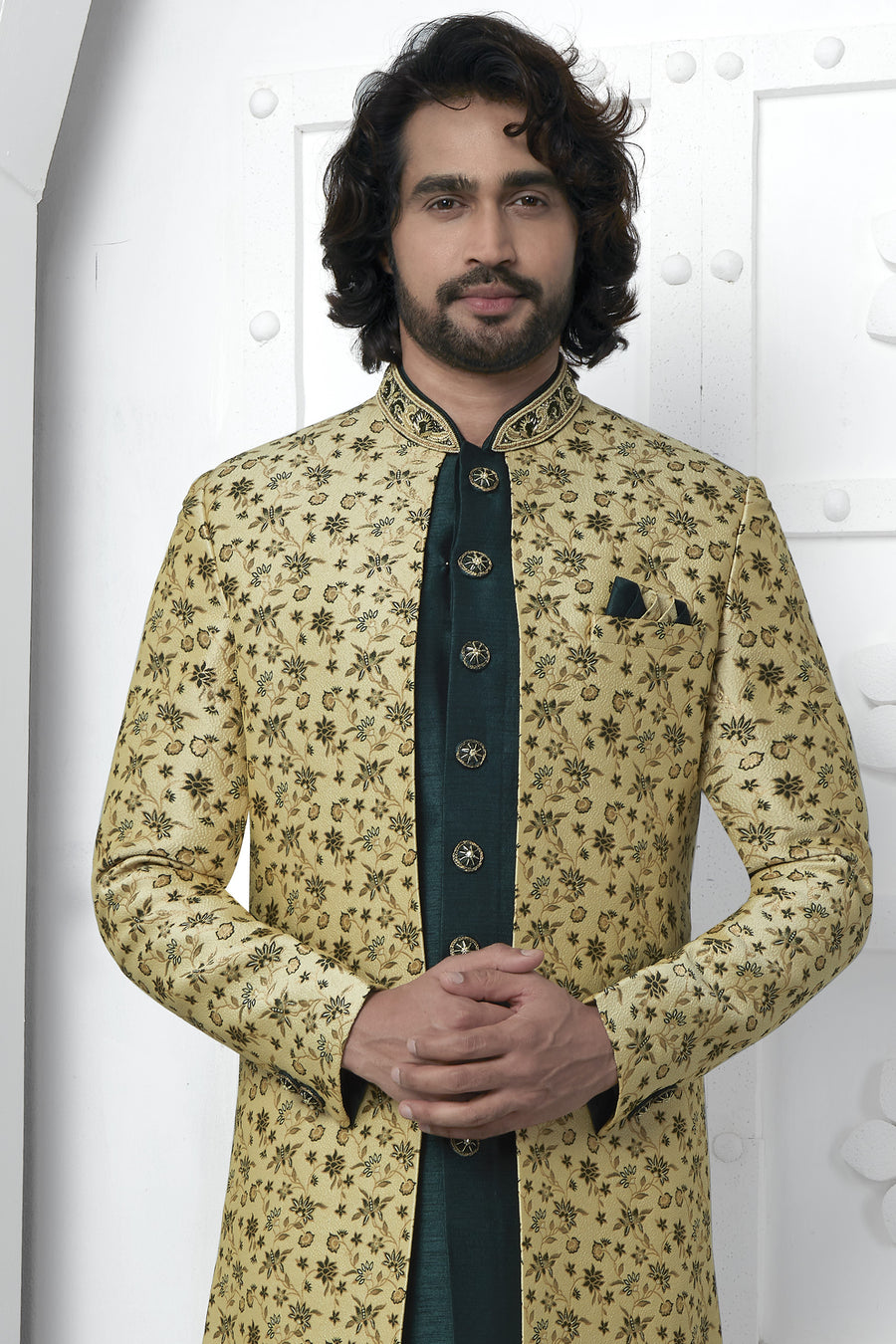 Yellow Beige Jacquard Silk Indo Western Suit Long Kurta with Jacket & Pant for Men for Wedding - Jacquard Work