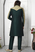 Yellow Beige Jacquard Silk Indo Western Suit Long Kurta with Jacket & Pant for Men for Wedding - Jacquard Work