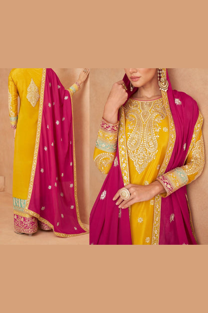 Yellow Chinon Plazo Suits For Pakistani Festivals & Indian Wedding - Embroidery Work