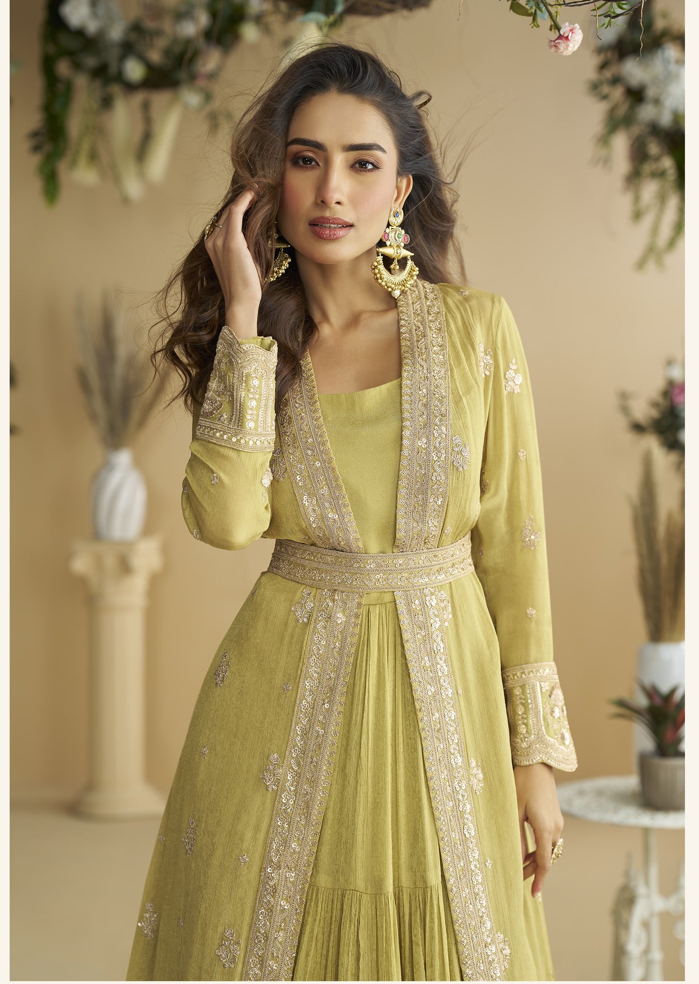 Yellow Chinon Silk Anarkali Wear with Jacket and Sequins Embroidery