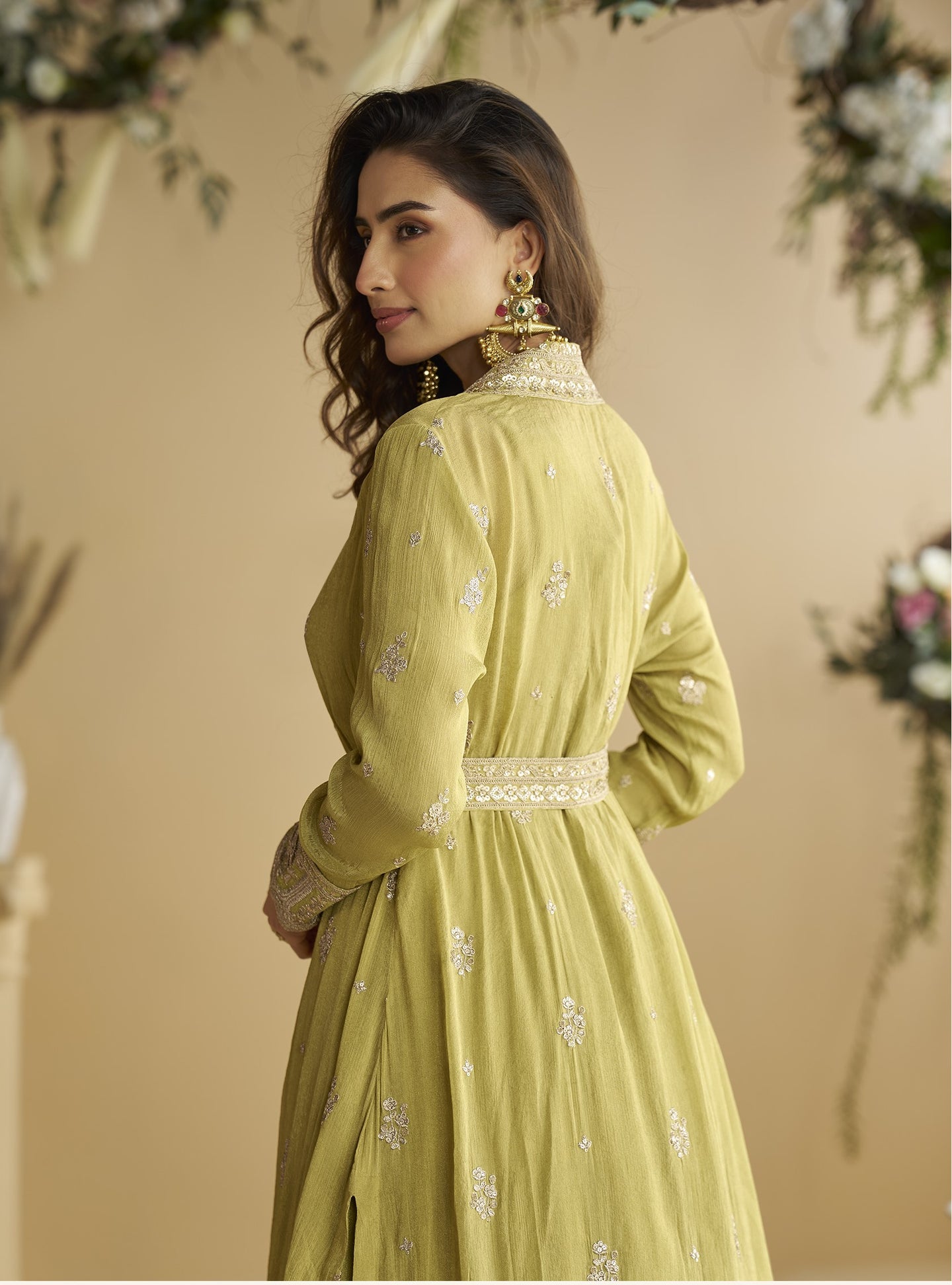 Yellow Chinon Silk Anarkali Wear with Jacket and Sequins Embroidery
