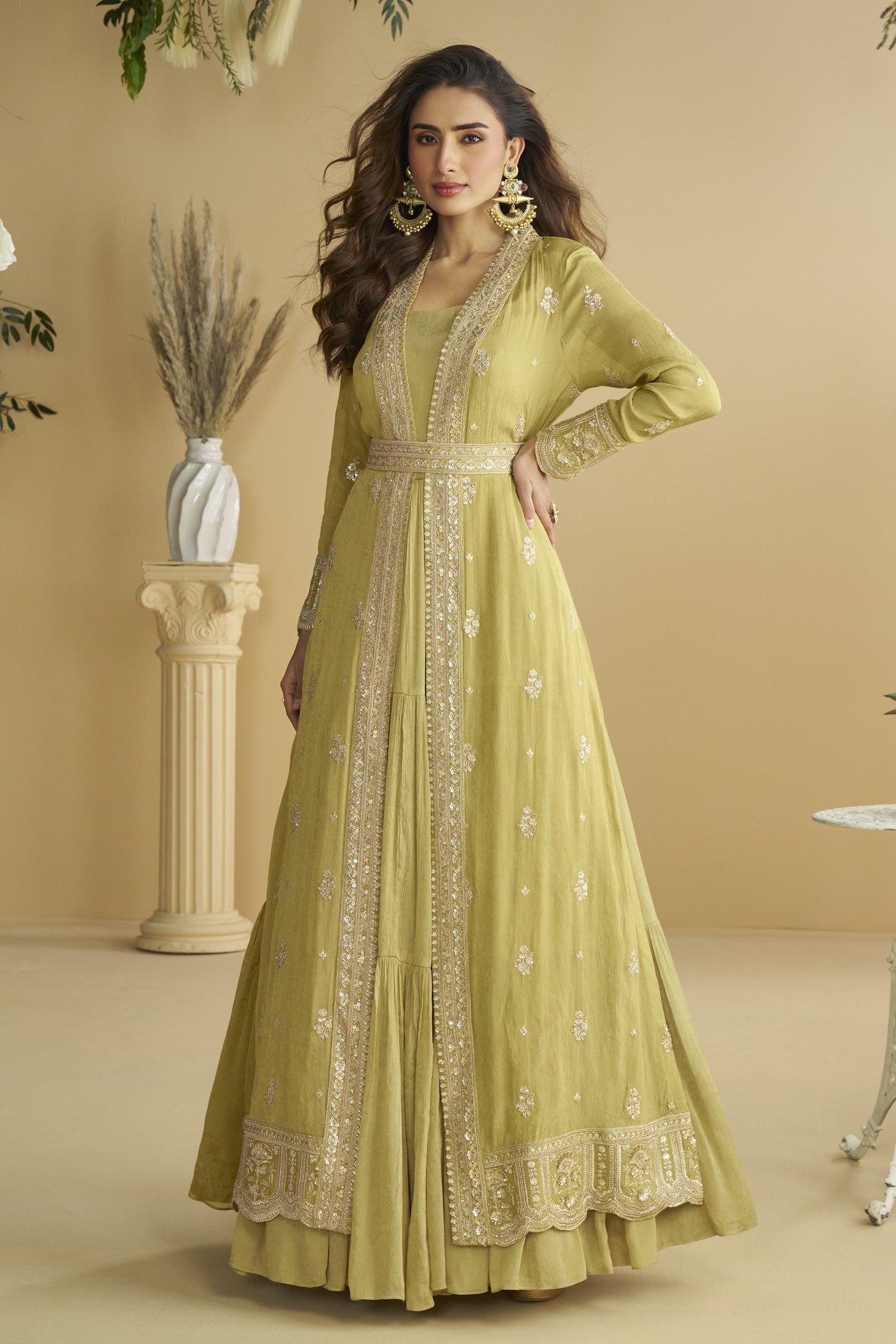 Yellow Chinon Silk Anarkali Wear with Jacket and Sequins Embroidery