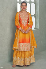 Yellow Chinon Silk Dual Color Bandhani Print Style Plazo Suit For Indian & Pakistani Wedding Festival - Thread & Sequence Embroidery Work, Print Work
