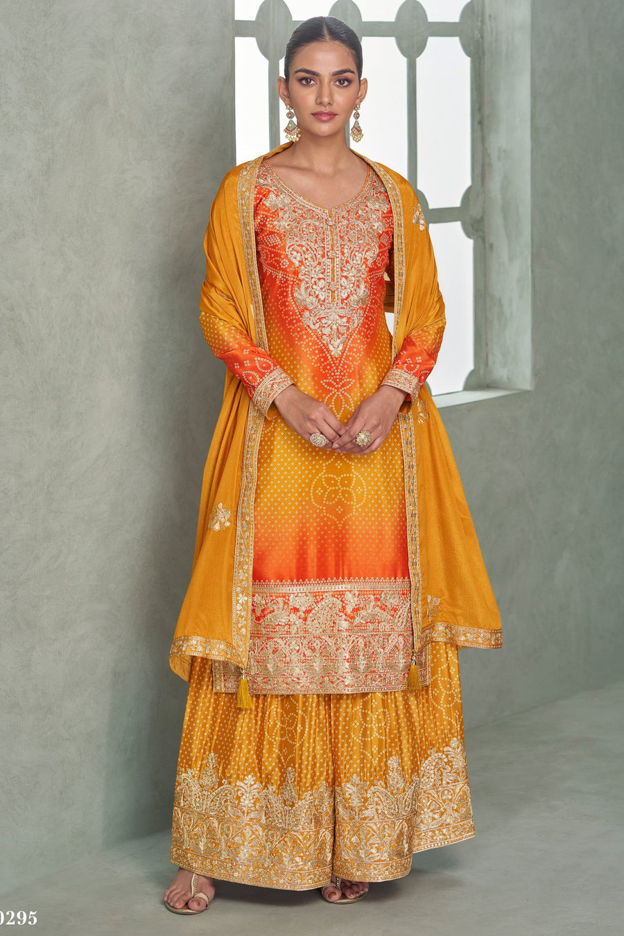 Yellow Chinon Silk Dual Color Bandhani Print Style Plazo Suit For Indian & Pakistani Wedding Festival - Thread & Sequence Embroidery Work, Print Work