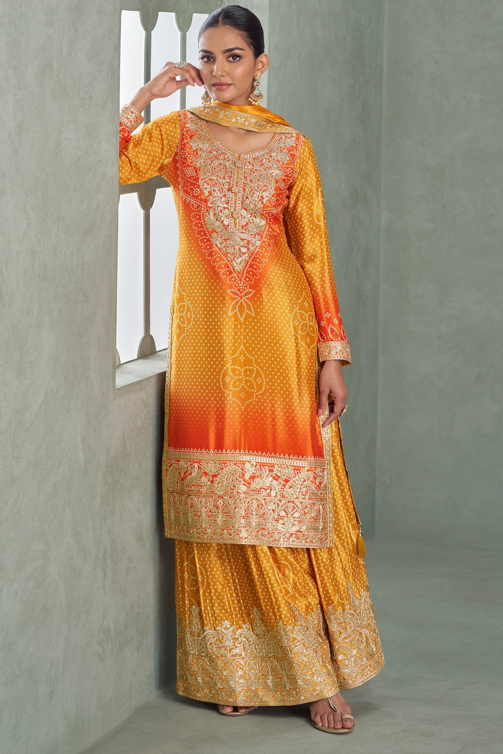Yellow Chinon Silk Dual Color Bandhani Print Style Plazo Suit For Indian & Pakistani Wedding Festival - Thread & Sequence Embroidery Work, Print Work