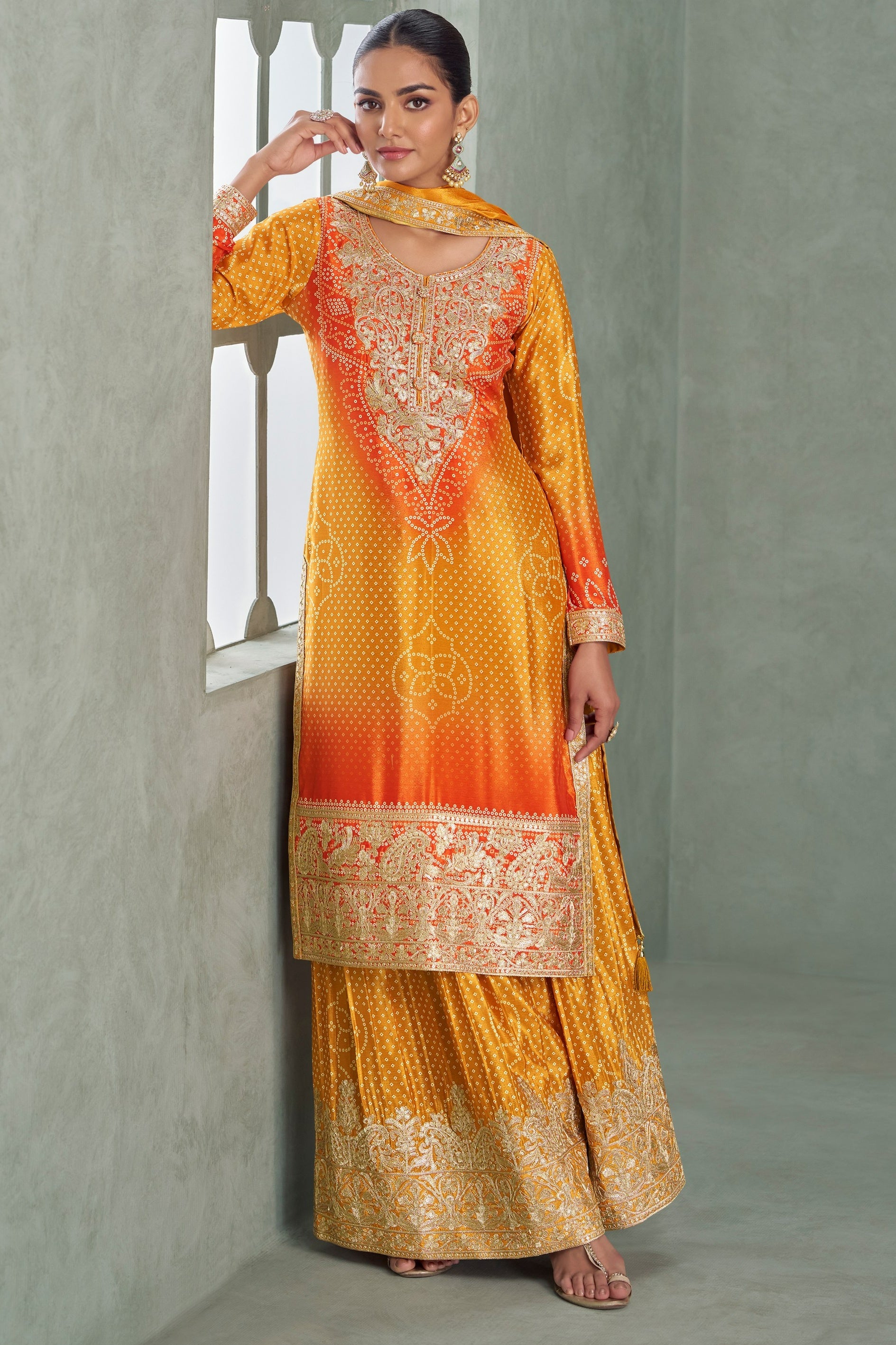 Yellow Chinon Silk Dual Color Bandhani Print Style Plazo Suit For Indian & Pakistani Wedding Festival - Thread & Sequence Embroidery Work, Print Work