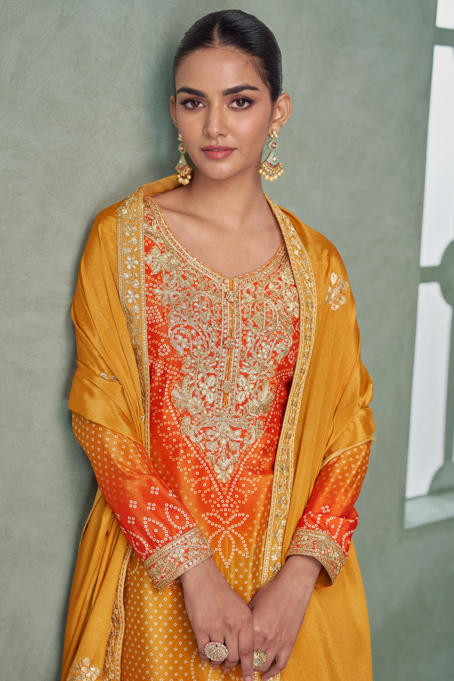 Yellow Chinon Silk Dual Color Bandhani Print Style Plazo Suit For Indian & Pakistani Wedding Festival - Thread & Sequence Embroidery Work, Print Work
