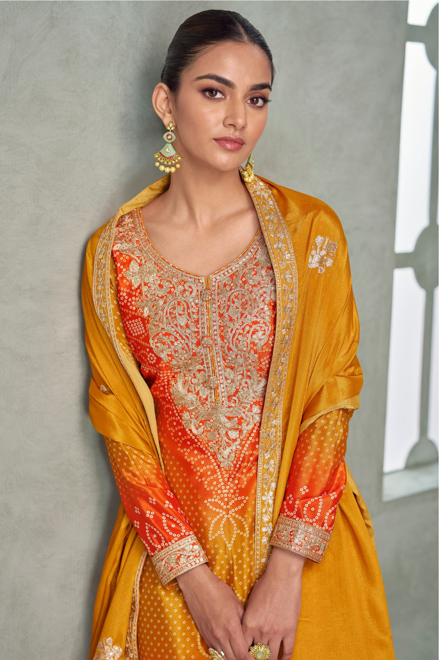 Yellow Chinon Silk Dual Color Bandhani Print Style Plazo Suit For Indian & Pakistani Wedding Festival - Thread & Sequence Embroidery Work, Print Work
