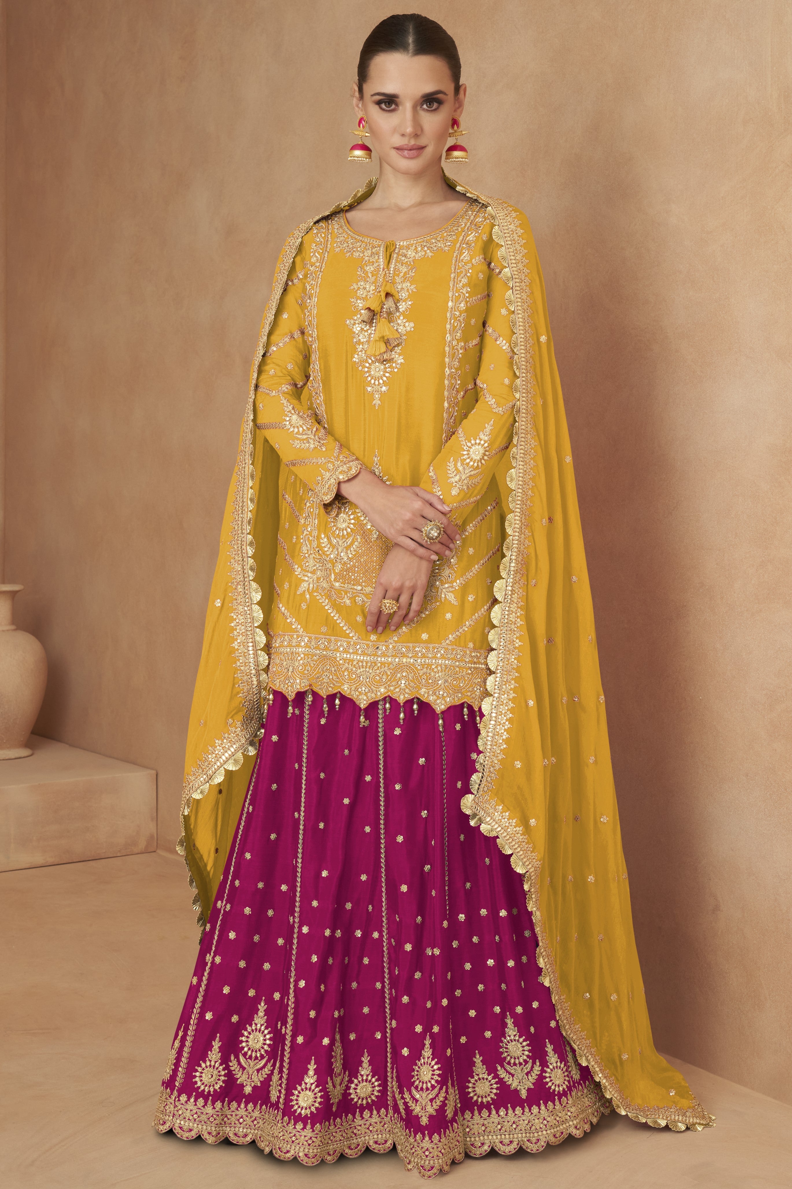Yellow Chinon Silk Kameez with Skirt For Indian Festivals & Weddings - Embroidery Work
