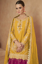 Yellow Chinon Silk Kameez with Skirt For Indian Festivals & Weddings - Embroidery Work