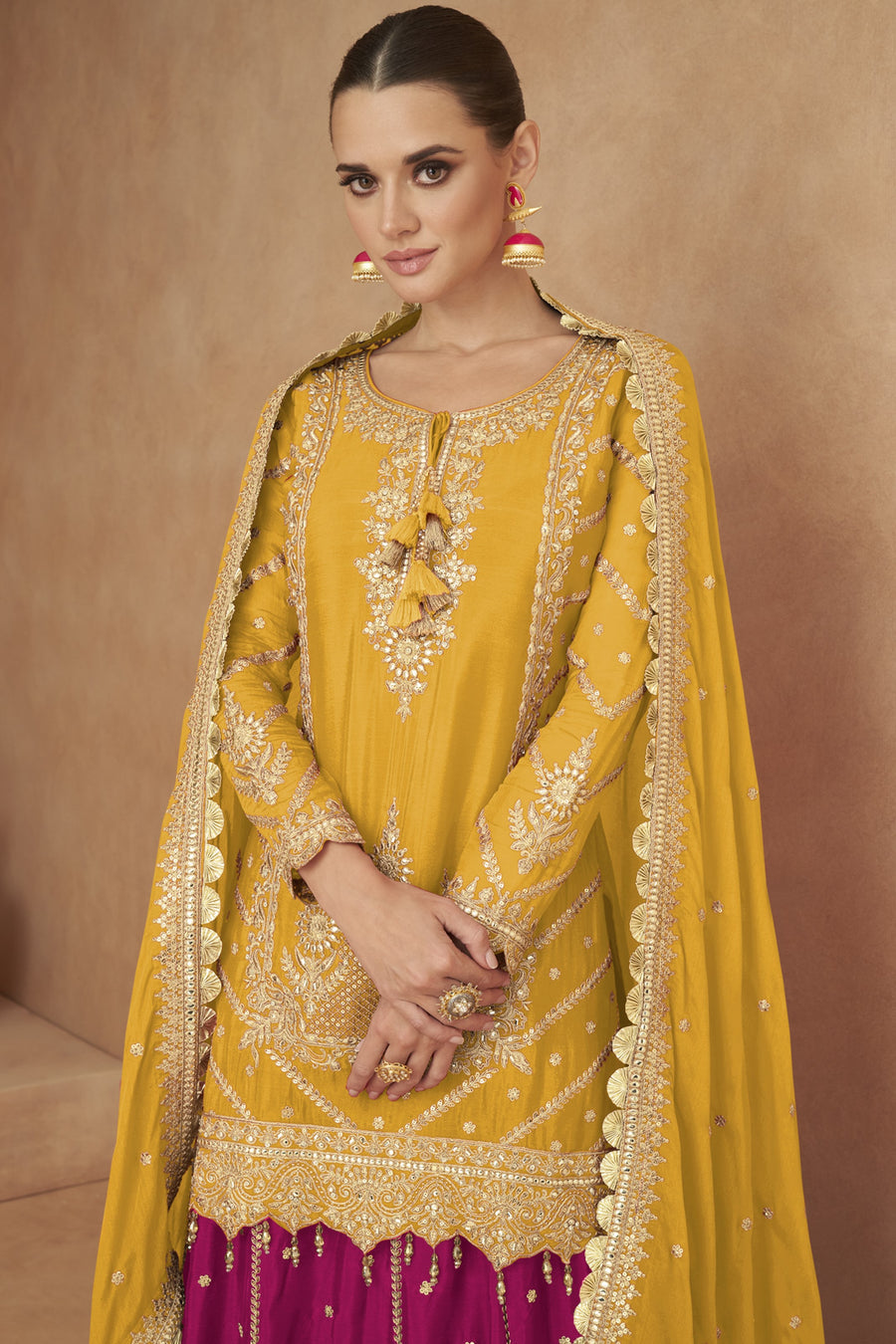 Yellow Chinon Silk Kameez with Skirt For Indian Festivals & Weddings - Embroidery Work