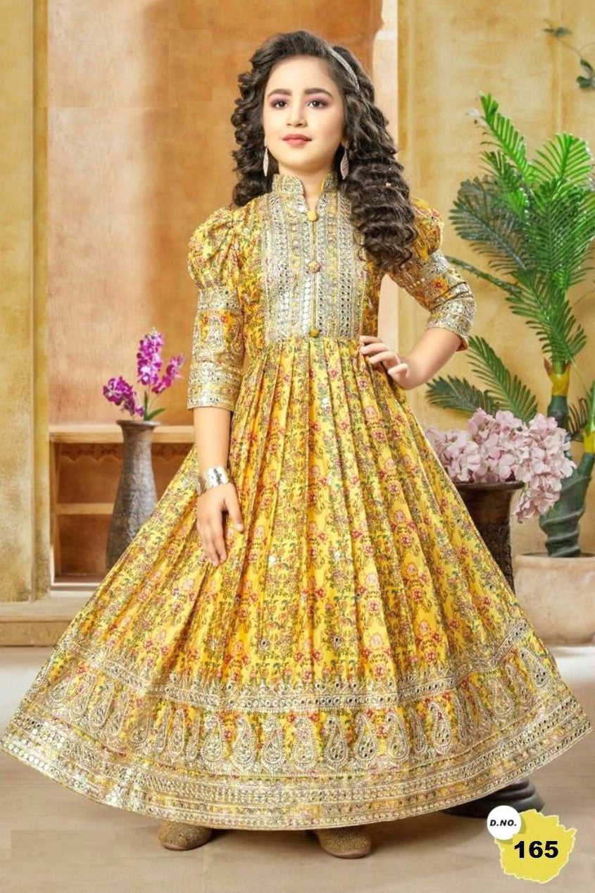 Yellow Chinon Silk Kids Wear Girls Flower Printed Gown with Dupatta Suit for Kids for Festivals & Wedding - Sequence Embroidery Work, Print Work