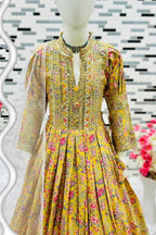 Yellow Chinon Silk Kids Wear Girls Flower Printed Gown with Dupatta Suit for Kids for Festivals & Wedding - Sequence Embroidery Work, Print Work