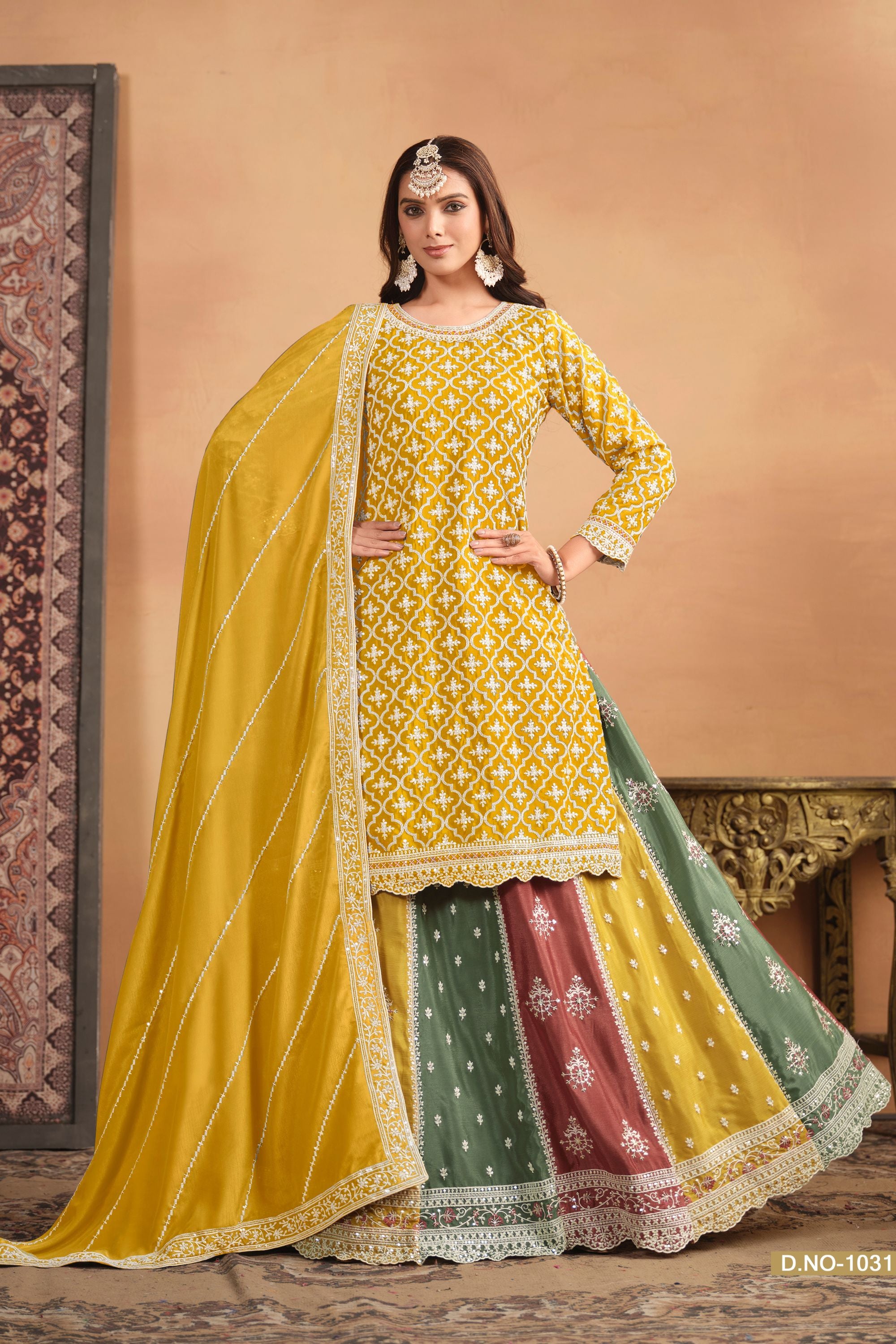 Yellow Chinon Silk Lehenga Choli with Multicolor Lehenga For Indian Festivals & Pakistani Weddings - Thread Embroidery Work