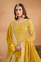 Yellow Chinon Silk Lehenga Choli with Multicolor Lehenga For Indian Festivals & Pakistani Weddings - Thread Embroidery Work