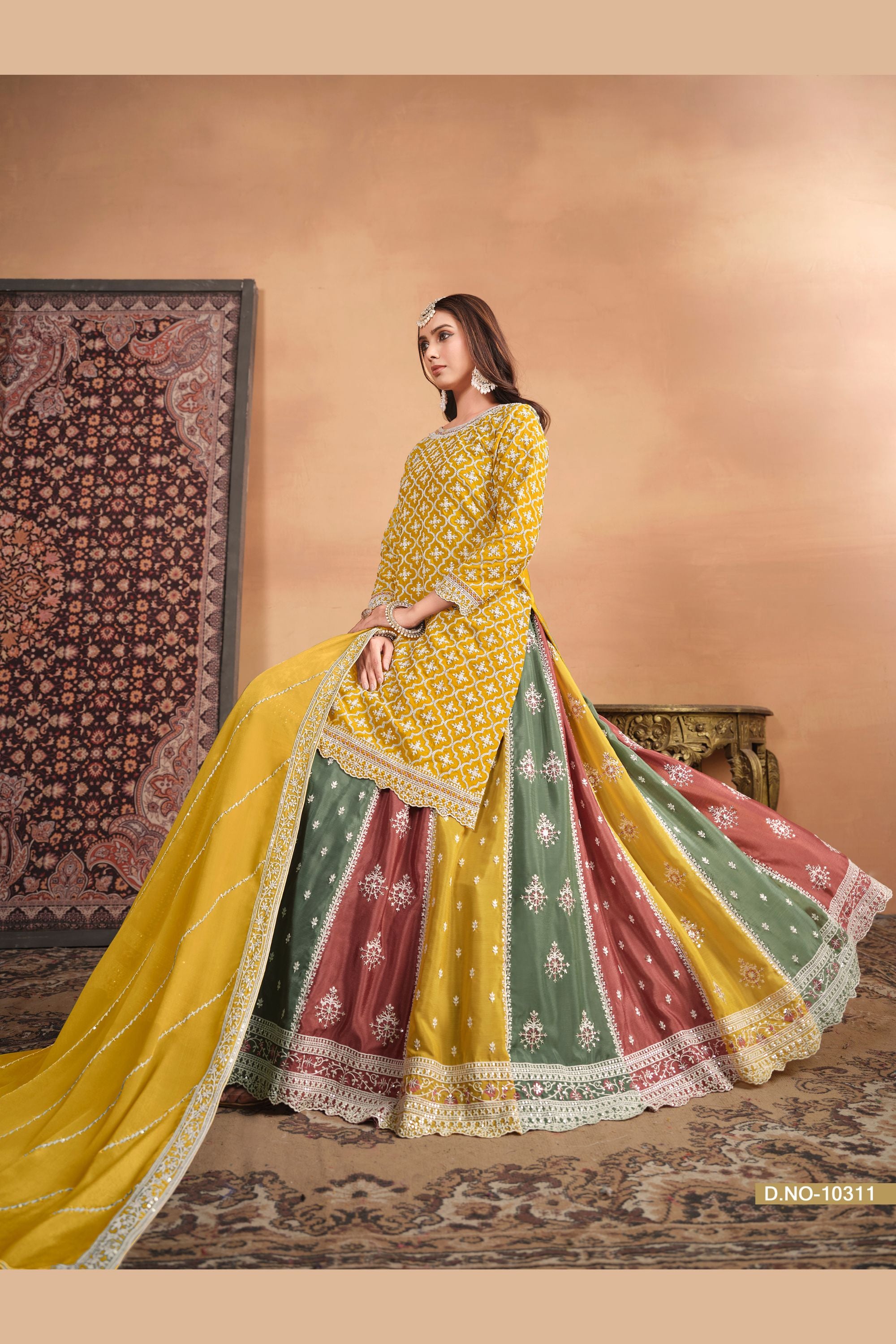 Yellow Chinon Silk Lehenga Choli with Multicolor Lehenga For Indian Festivals & Pakistani Weddings - Thread Embroidery Work