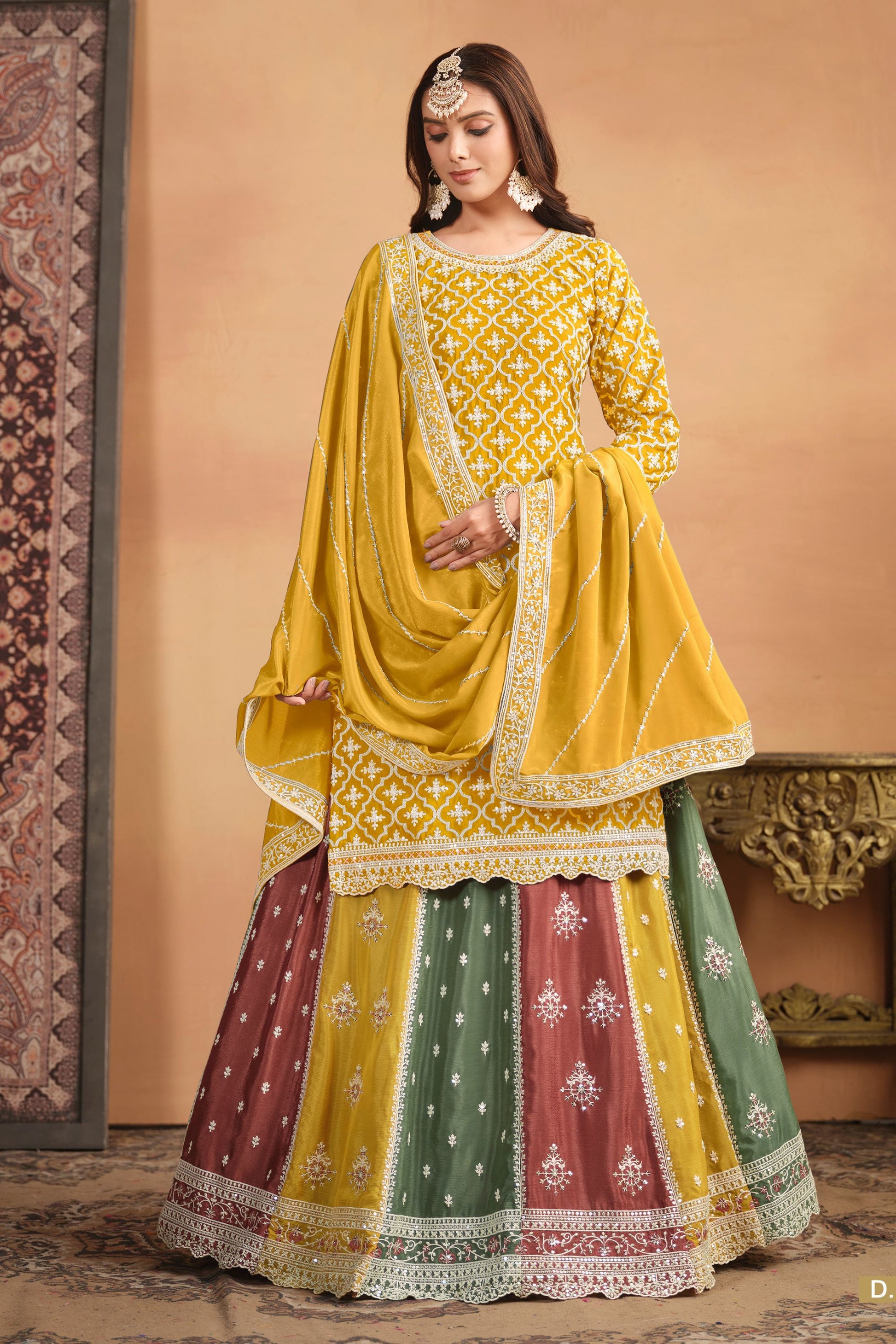 Shop Yellow Chinon Silk Kameez with Skirt Multicolor Skirt Online